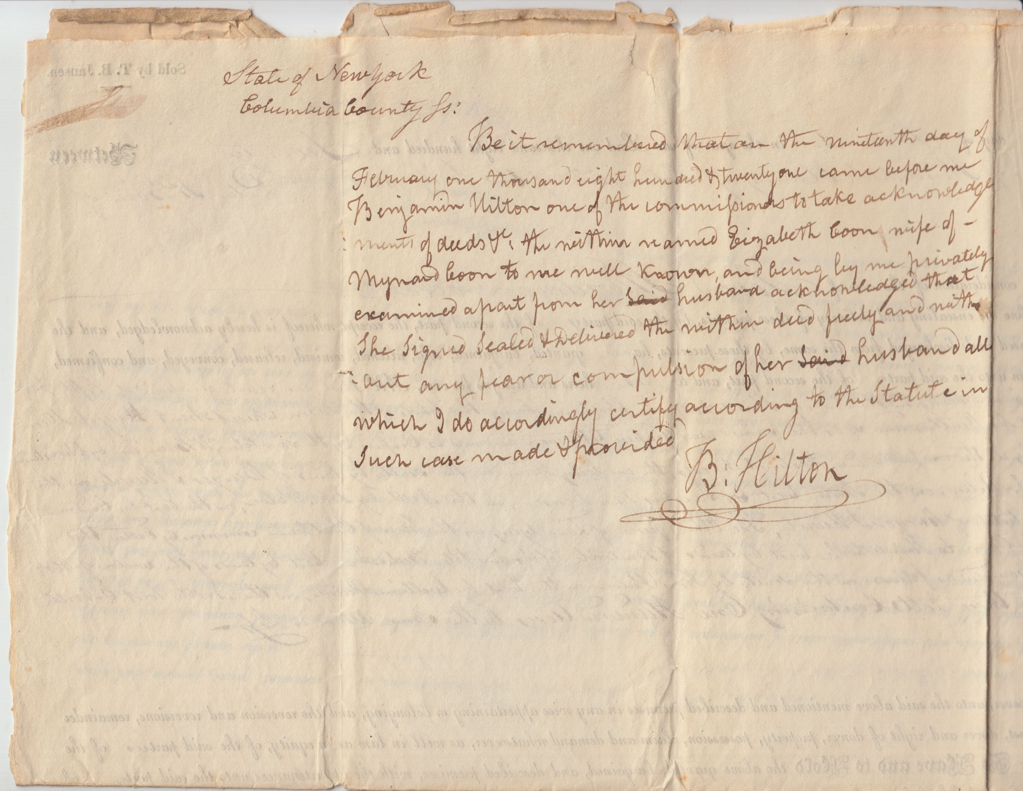 BH109, 1820-12-16 Deed, One Fifth Part of Arent Huyck's Farm by Myndert & Elizabeth Coon to Peter H Bain